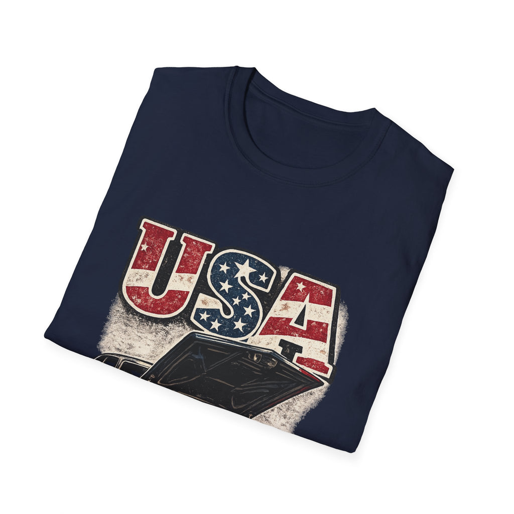 USA Muscle Car T-Shirt – Vintage American Flag Classic Car Graphic Tee