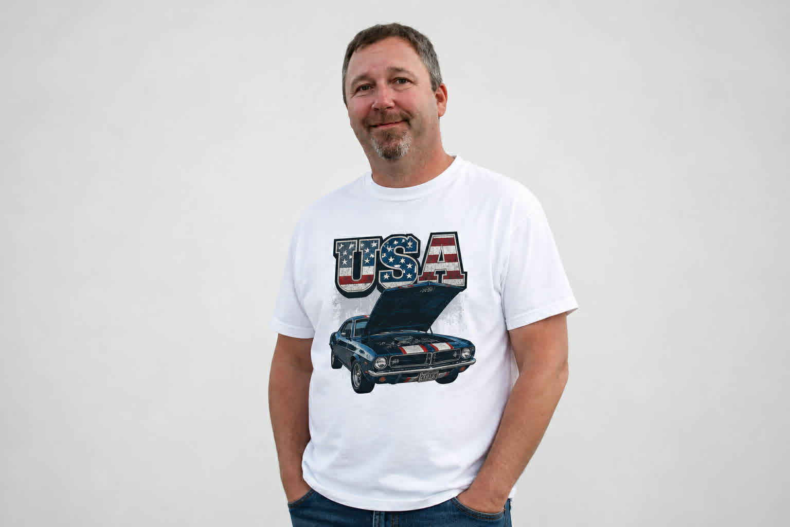 USA Muscle Car T-Shirt – Vintage American Flag Classic Car Graphic Tee